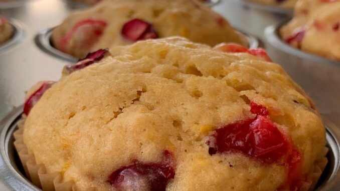 close up of cranberry orange muffin in a muffin tin