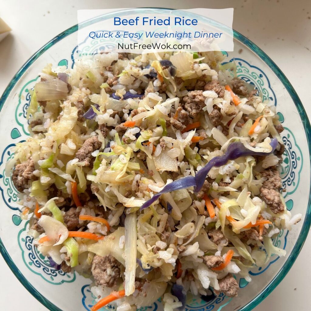 Beef fried rice in a glass pyrex bowl