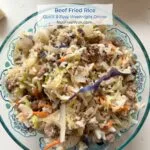 Beef fried rice in a glass pyrex bowl