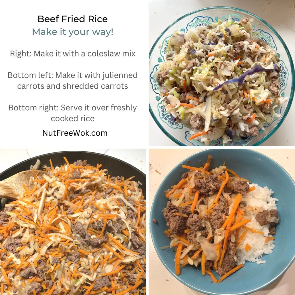Right: Make it with a coleslaw mix

Bottom left: Make it with julienned carrots and shredded carrots

Bottom right: Serve it over freshly cooked rice