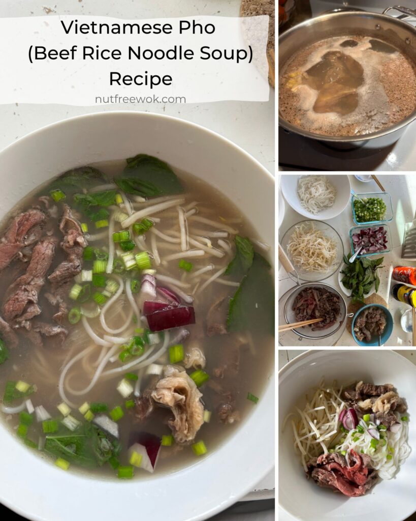 Collage of an assembled beef pho with broth, a pot of beef bones during the parboiling step, various toppings, and an assembled bowl ready for broth.