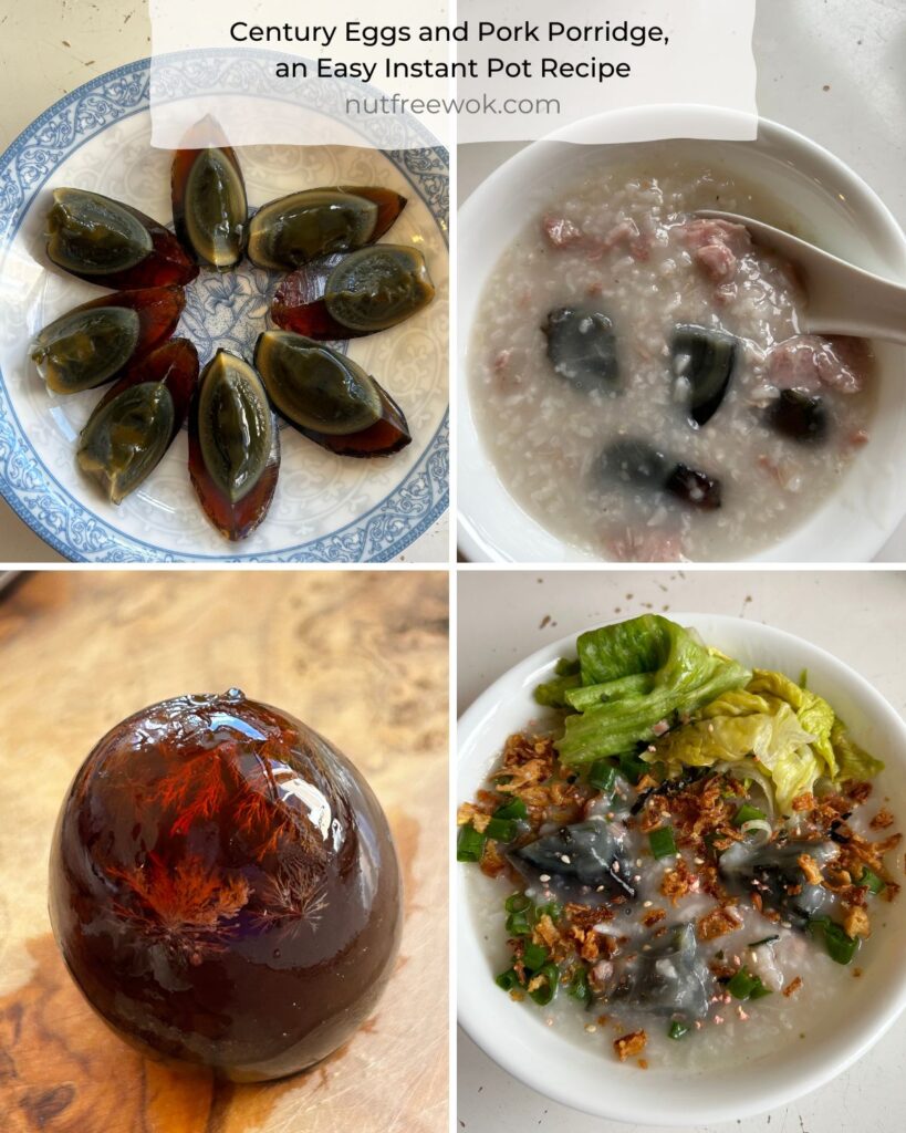 Collage of century eggs cut into quarters, a bowl of century eggs and pork porridge without toppings, a whole preserved duck egg, and a bowl of porridge with toppings