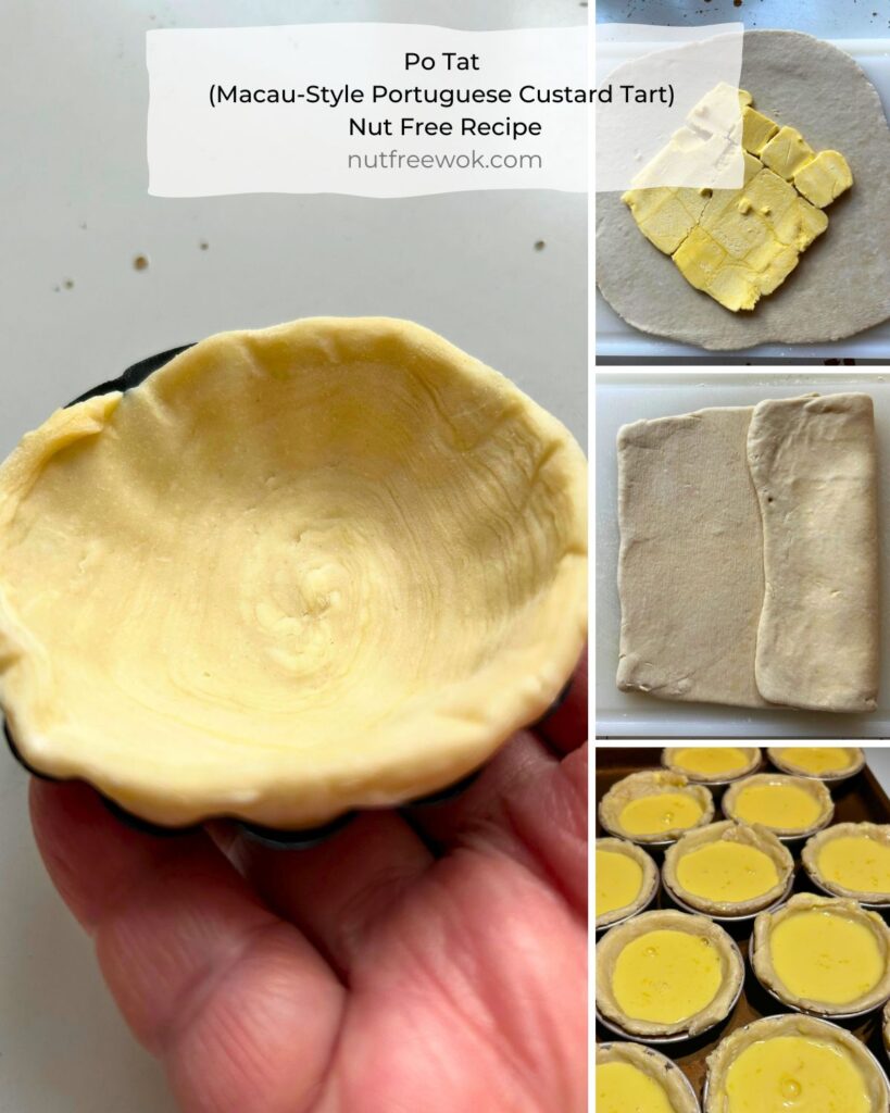 collage showing a close up of the unbaked puff pastry, butter on dough, puff pastry fold, and filled po tats before baking
