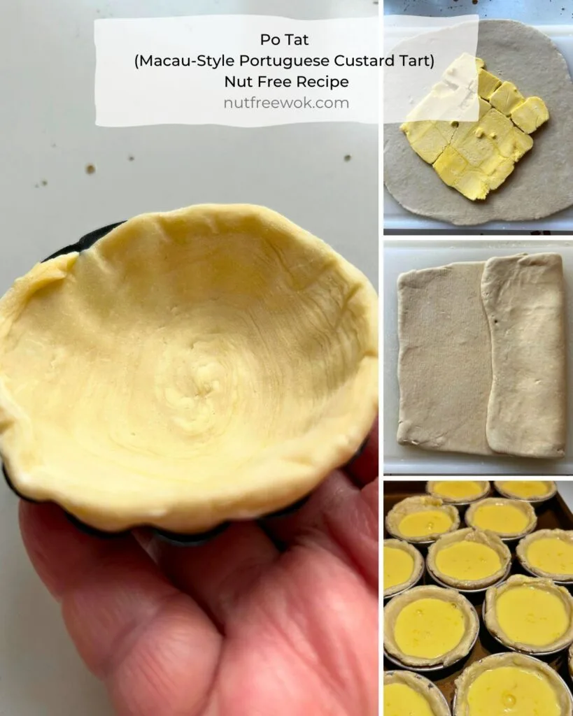 collage showing a close up of the unbaked puff pastry, butter on dough, puff pastry fold, and filled po tats before baking