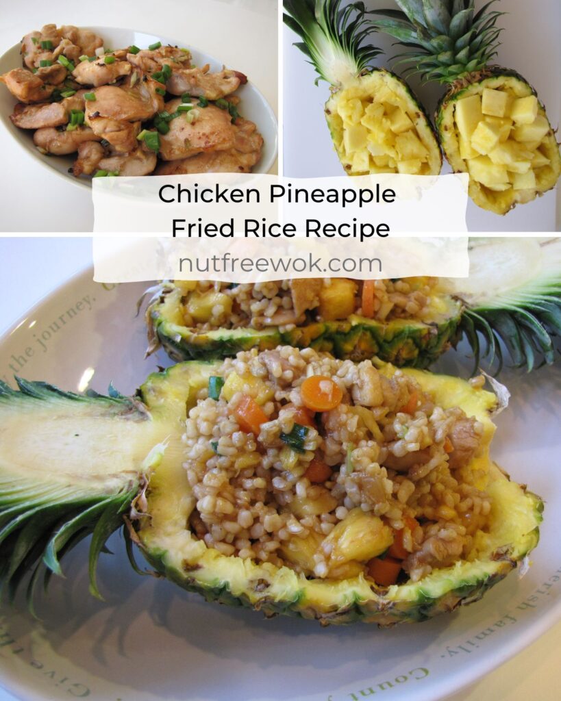Collage of cooked teriyaki chicken thighs, cut pineapple in a pineapple bowl, and fried rice served in a pineapple bowl collage. 