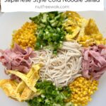Hiyashi chuka salad with noodles and toppings arranged in a white salad bowl.