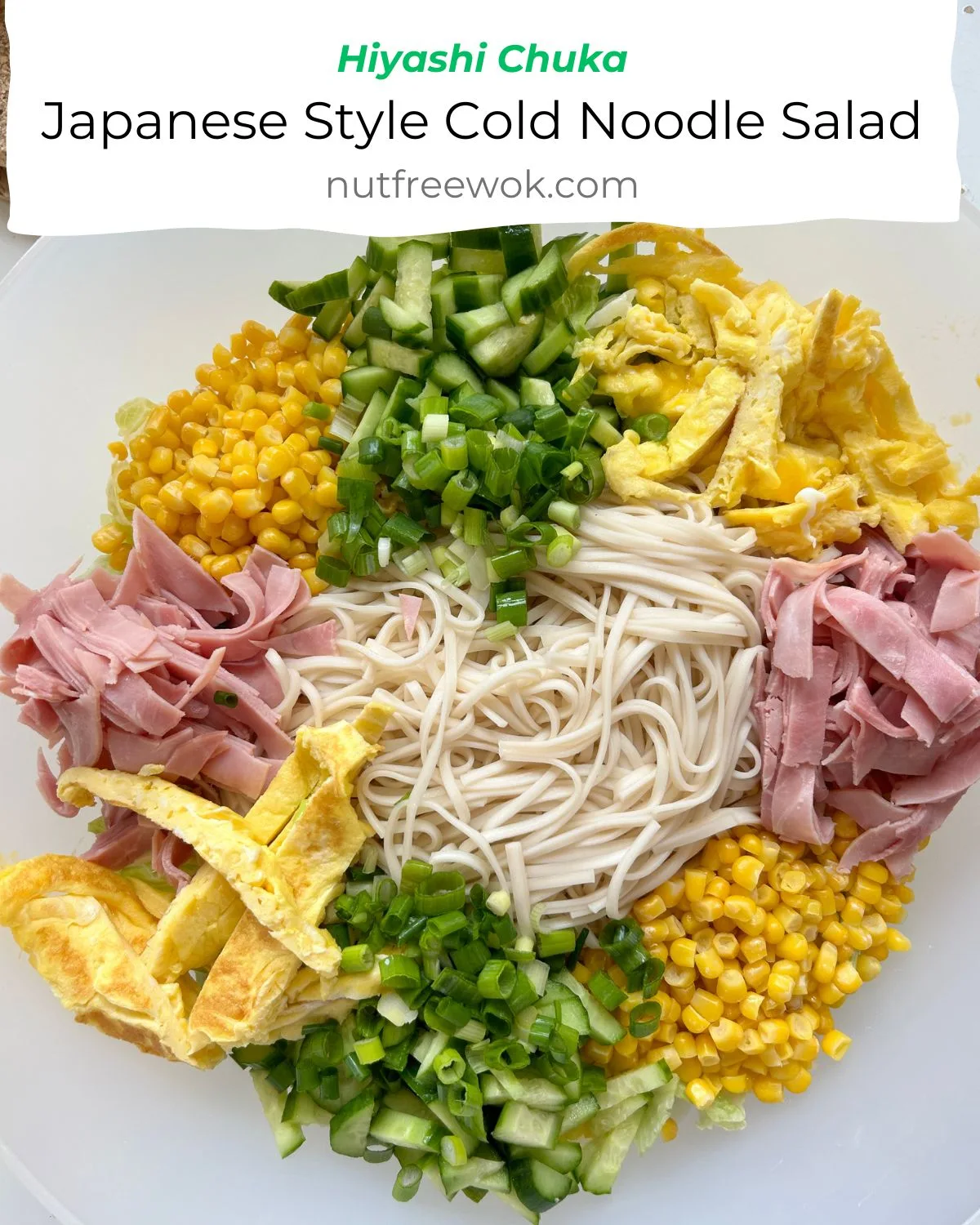 Hiyashi chuka salad with noodles and toppings arranged in a white salad bowl.