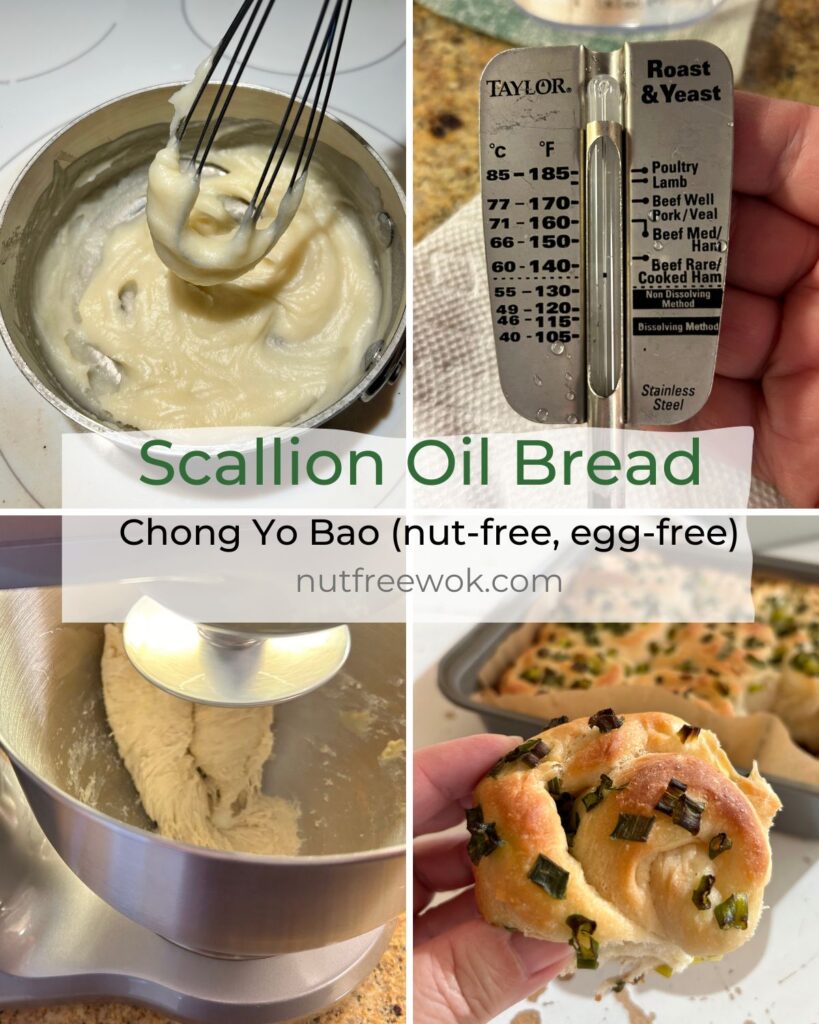 scallion oil collage, how the tangzhong looks, example of a cooking thermometer with optimal temperatures for yeast, how the dough should look after 1 minute of mixing, and close up of scallion oil bread