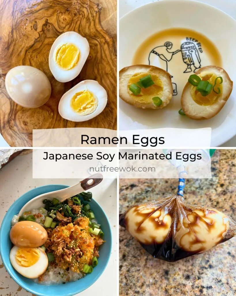 Collage of ramen eggs plain, topped with chopped scallion, with congee, and marinating in a bag