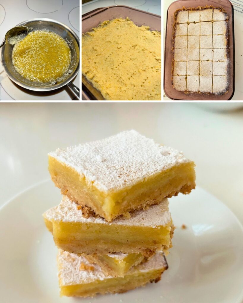 collage of how brown butter looks right when it's almost ready, prepared dough in a pan, and baked lemon bars cut into 24 pieces in a pan