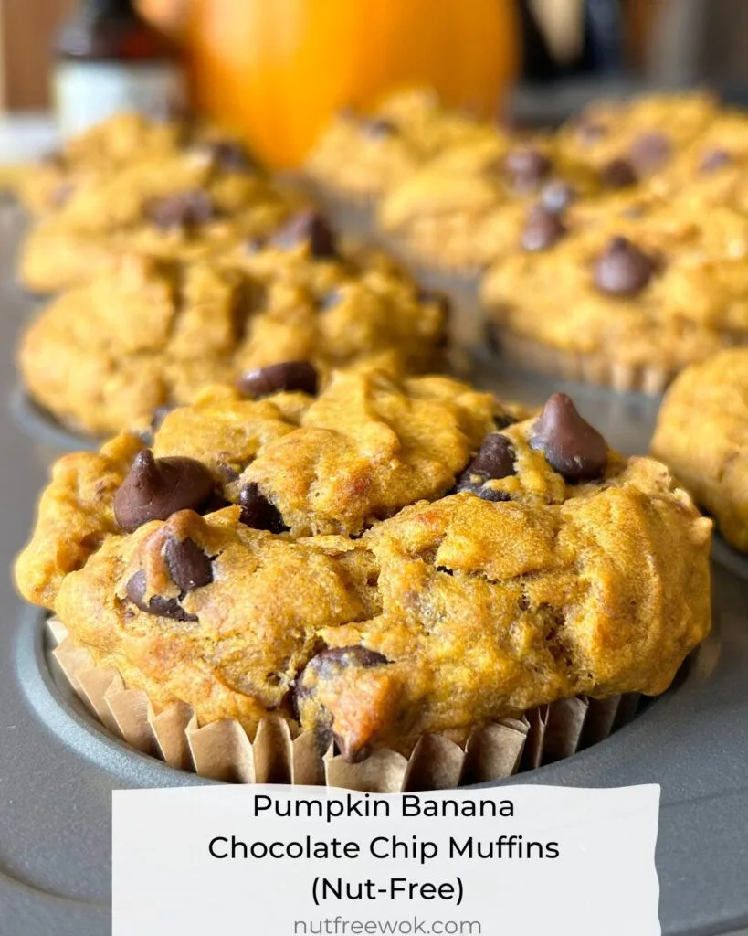 close up of a pumpkin banana chocolate chip muffin