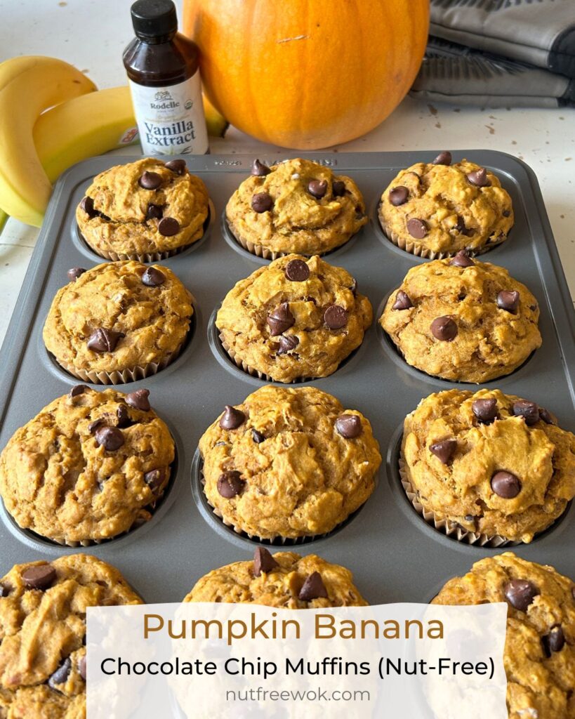 Pumpking banana chocolate chip muffins in a muffin baking tray