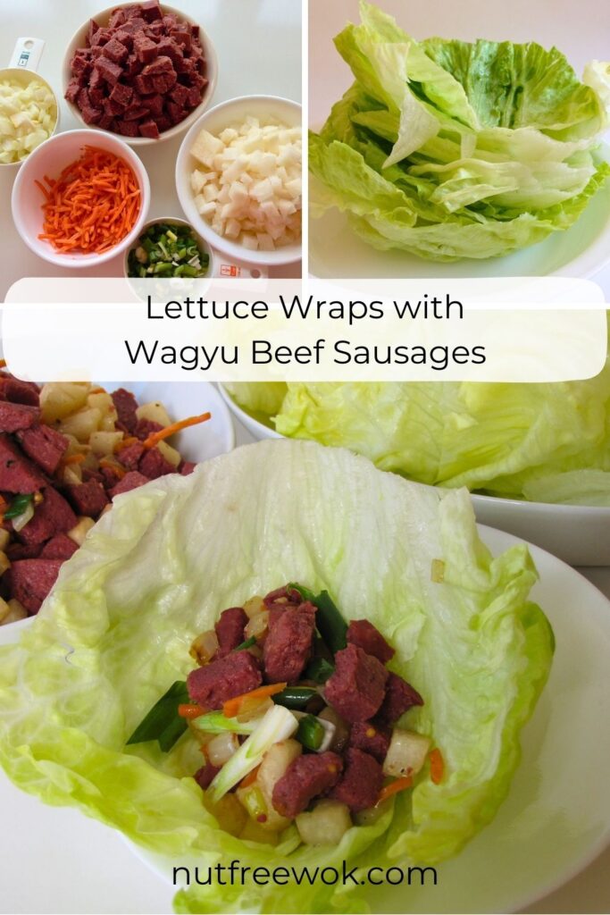 collage of lettuce wraps with wagyu beef sausage, ingredients and lettuce cups