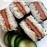 Turkey Spam Musubi on a plate with cucumber slices