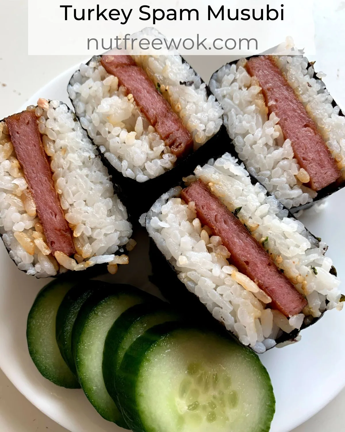 Turkey Spam Musubi on a plate with cucumber slices