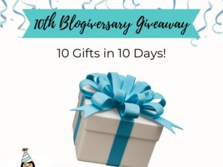 10th blogiversary, 10 gifts in 10 days, image of a gift with a blue bow dropping