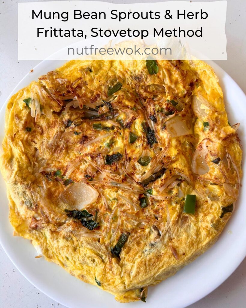 Mung Bean Sprouts and Herbs Frittata served on a white round plate