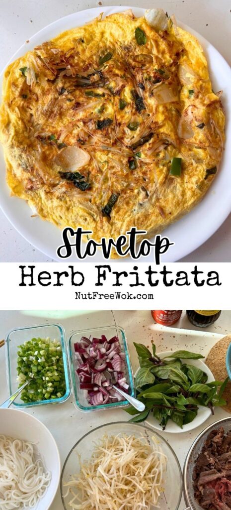 collage: herb frittata on top, examples of a few herbs on the bottom