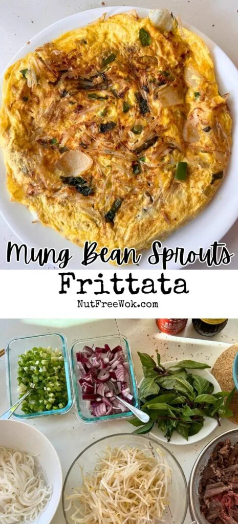 collage of Mung Bean Sprouts and Herbs Frittata served on a white round plate and various mung bean and herb ingredients prepped