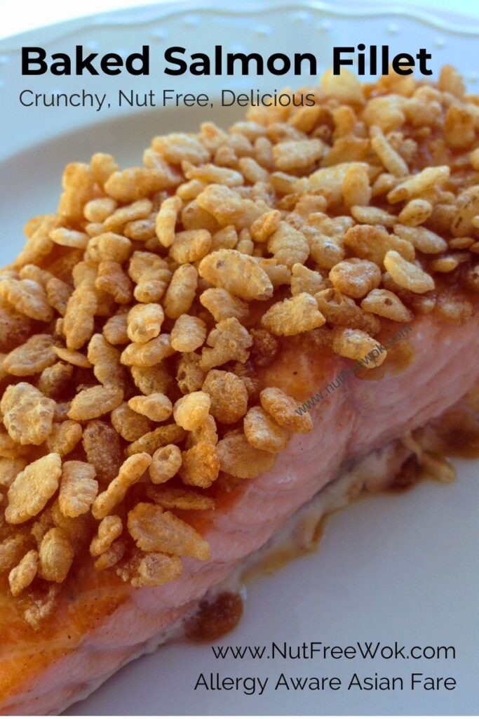 close up a baked salmon filet topped with rice crispy cereal