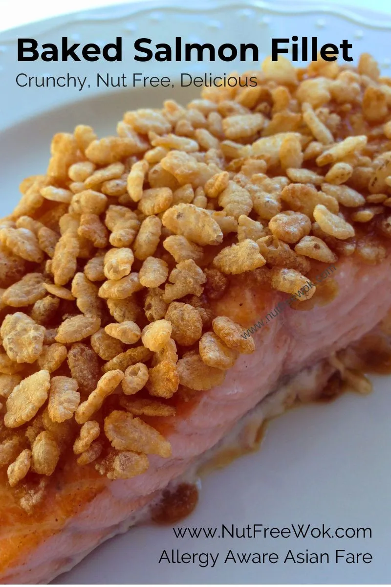 close up of baked salmon topped with rice crispy cereal