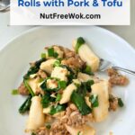 Stir-Fried Rice Noodle Rolls with Pork & Tofu, served in a white bowl