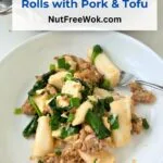 Stir-Fried Rice Noodle Rolls with Pork & Tofu, served in a white bowl