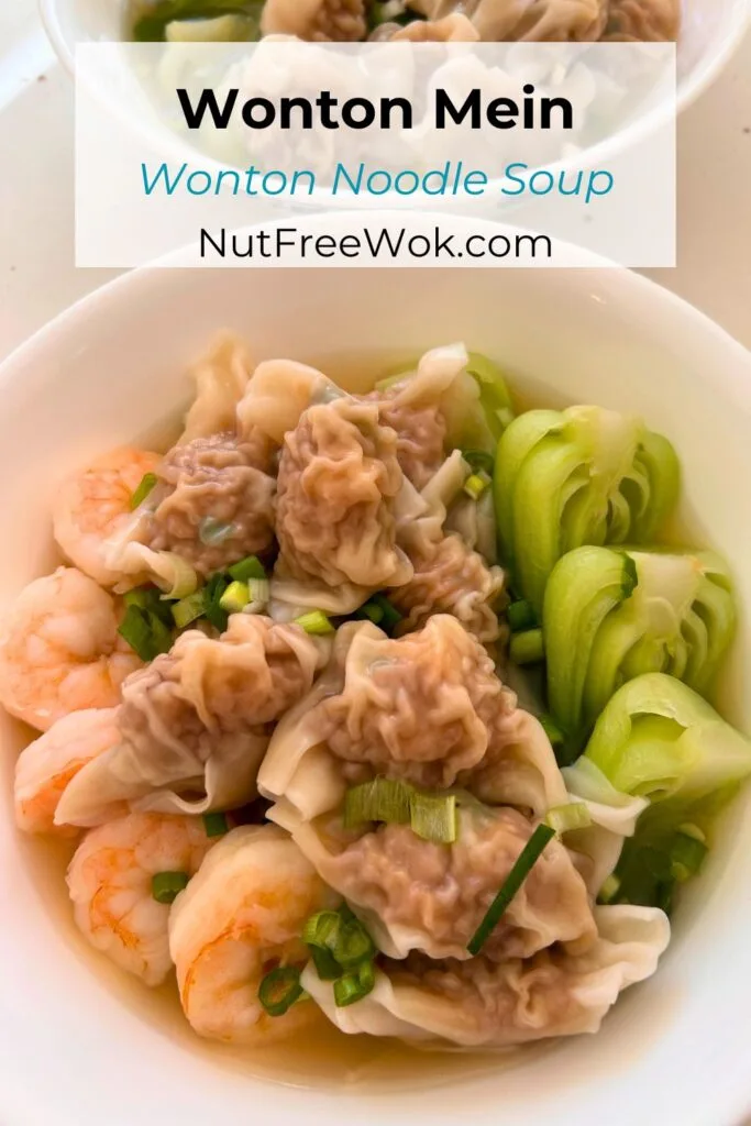 wonton (pork and shrimp dumplings) served with shrimp, baby bok choy, fresh egg noodles, and broth in a white soup bowl.