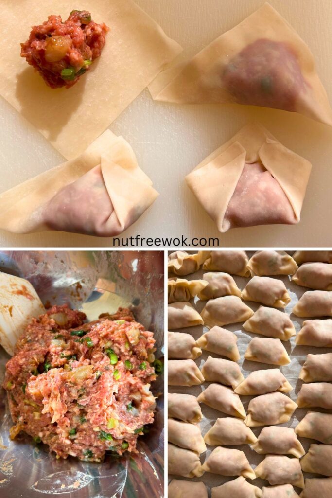collage of images showing how to wrap wontons, how the filling should look, and wrapped wontons on a tray.