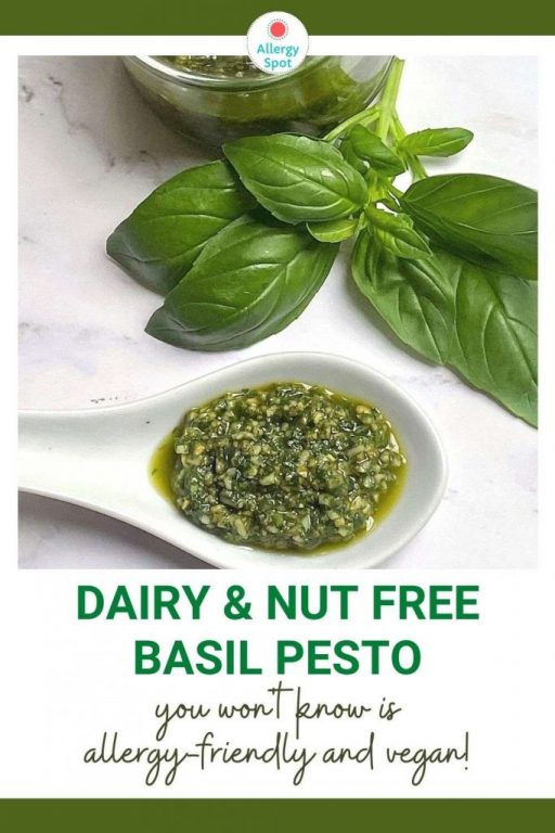 dairy free and nut free basil pesto in a white porcelain spoon