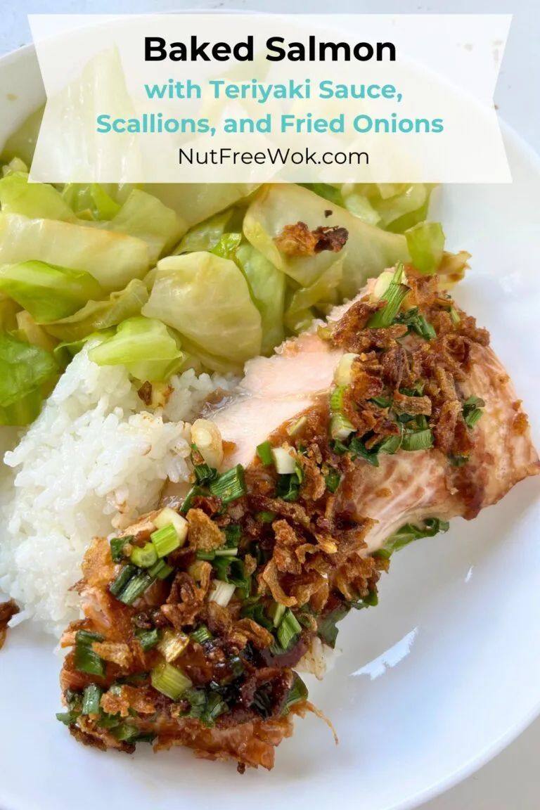 baked salmon served with stir-fried cabbage and rice.