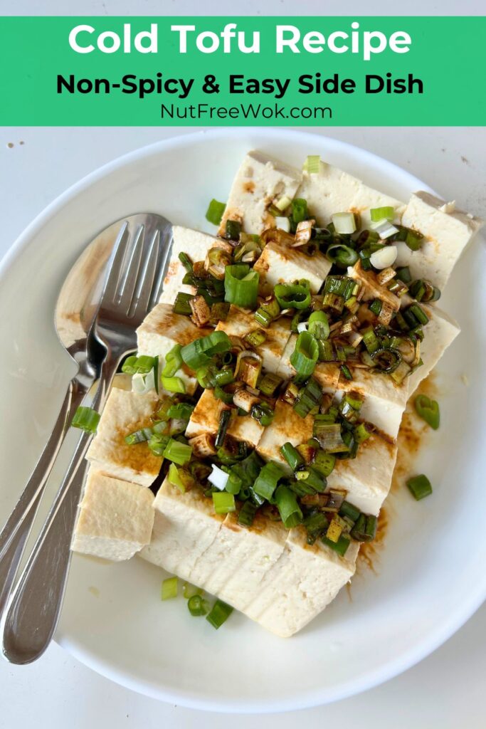 cut pieces of cold tofu, topped with soy sauce, sesame and scallion dressing, served in a white bowl with a serving spoon and fork on the side