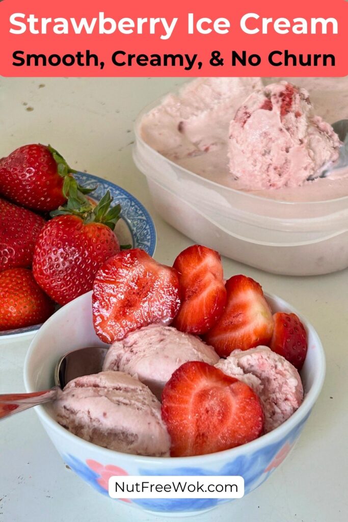scoops of strawberry ice cream with strawberry slices in a bowl