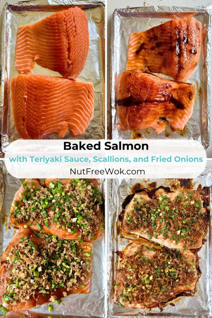 collage of raw salmon, salmon with marinade, salmon topped with scallions and fried onions, and baked salmon, all on a foil lined rimmed baking sheet.