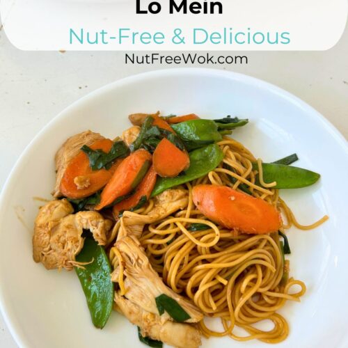 chicken and vegetables lo mein in a white plate