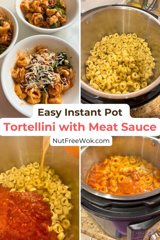 collage of the cooked tortellini in a bowl, dried tortellini layered on top of the meat, adding sauce and water on different sides of the pot, and how the dish looks when done pressure cooking