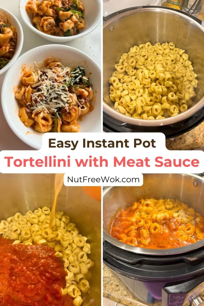 collage of the cooked tortellini in a bowl, dried tortellini layered on top of the meat, adding sauce and water on different sides of the pot, and how the dish looks when done pressure cooking