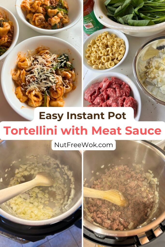collage of cooked tortellini with meat sauce in a bowl, ingredients, saute onions, and saute beef