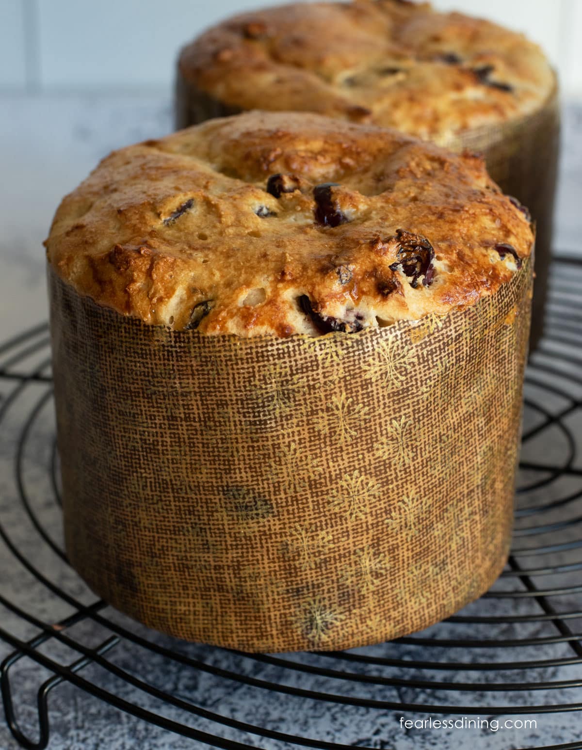 Gluten Free Panettone Bread on a cooling rack
