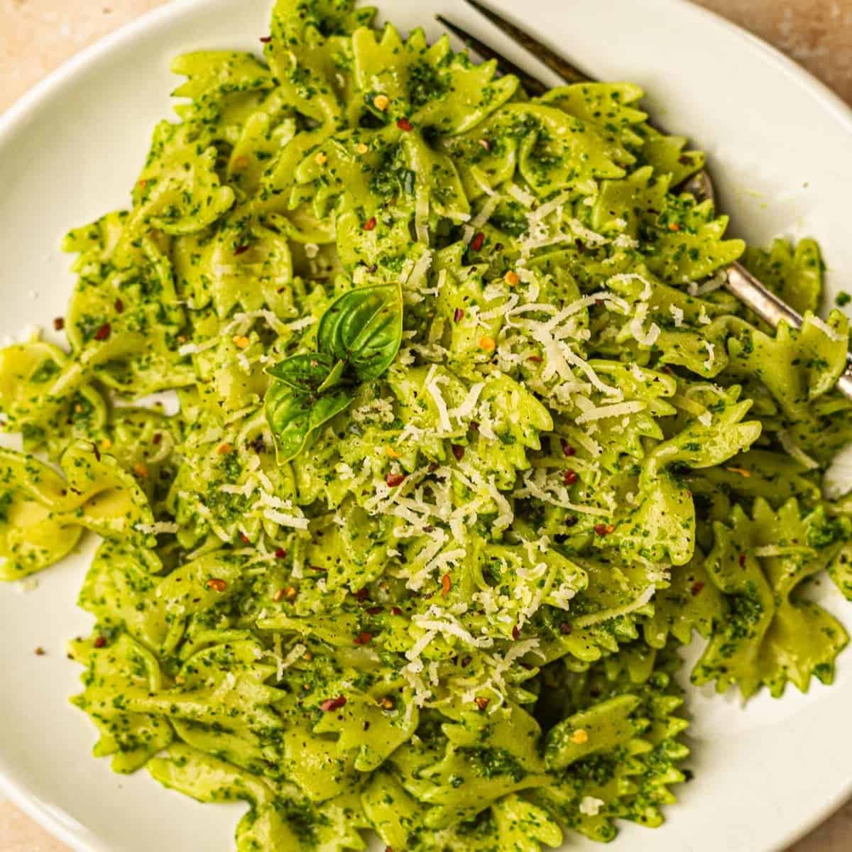 Bow tie pasta tossed with a nut-free pesto