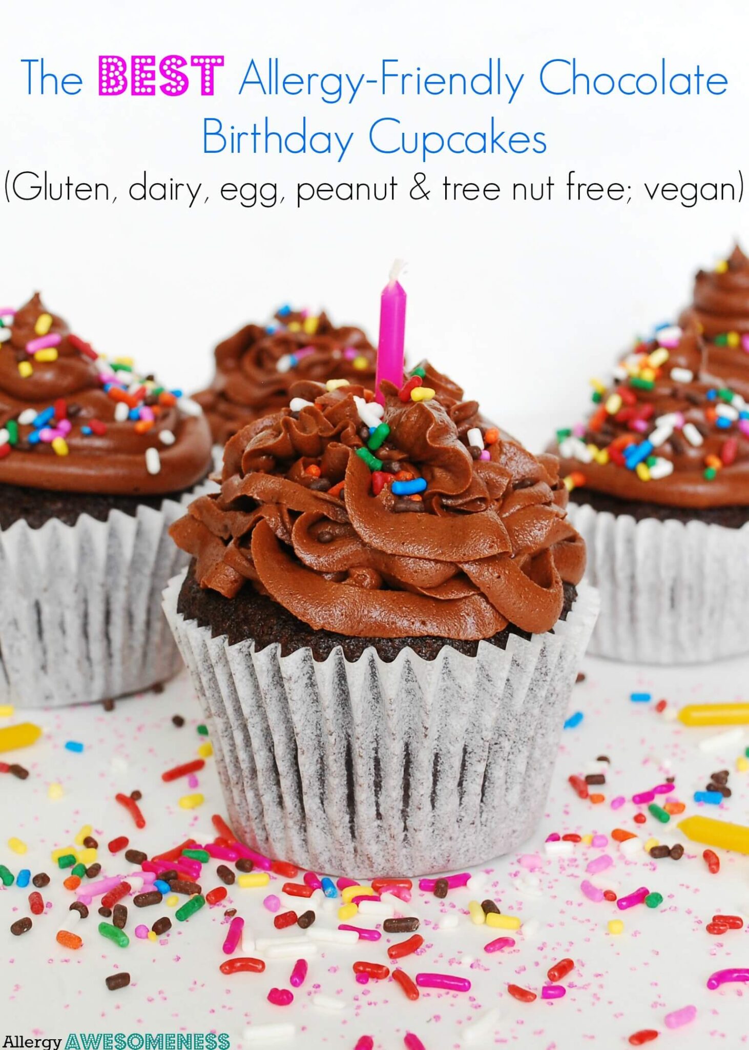 allergy friendly chocolate birthday cupcake with a pink birthday candle on it