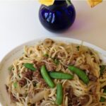 beef yaki udon served in a large white platter