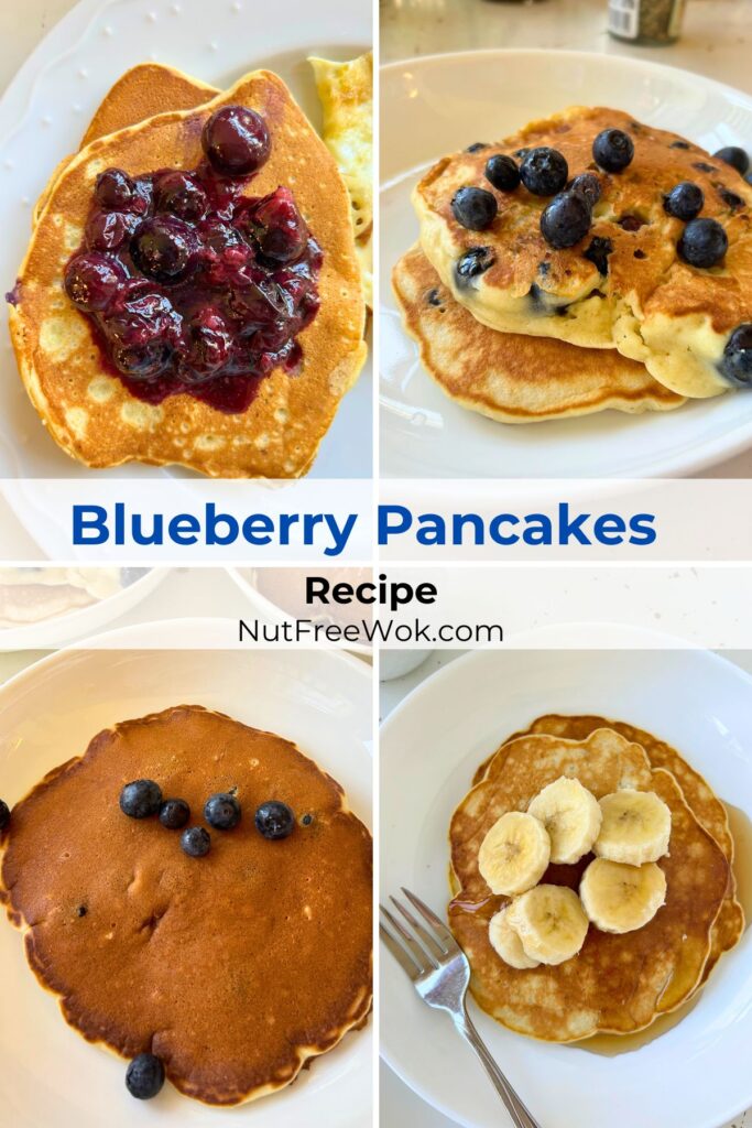 a collage of different variations of how the blueberry pancakes may turn out and different toppings