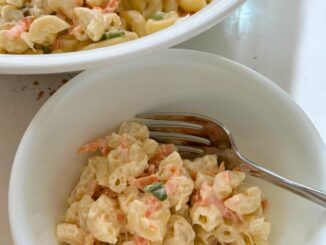close up of Hawaiian macaroni salad served in a white bowl