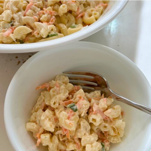 close up of Hawaiian macaroni salad served in a white bowl
