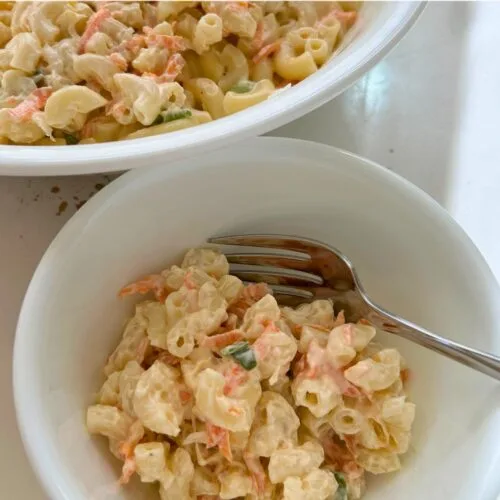 close up of Hawaiian macaroni salad served in a white bowl