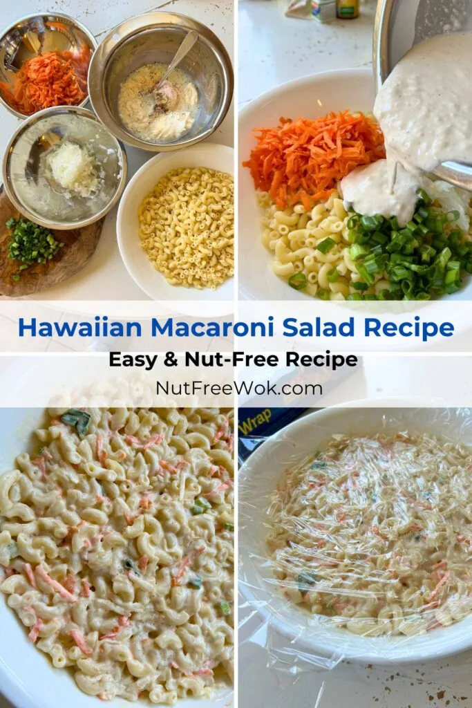 collage of prepped ingredients, pouring in dressing, macaroni salad after mixing, and how to wrap