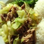close up kalua pork with cabbage plate