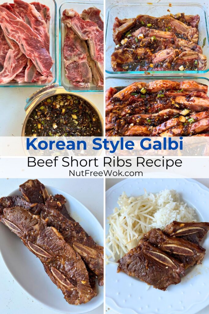 collage featuring raw flanken ribs, marinade, and cooked galbi