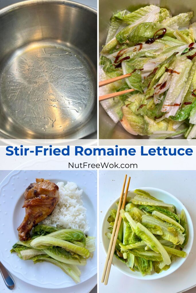 collage of cooking stir-fried romaine lettuce and cooked romaine lettuce plated